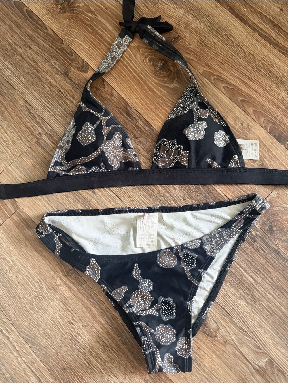 Patagonia Black Bikini Set with Metallic Floral Print